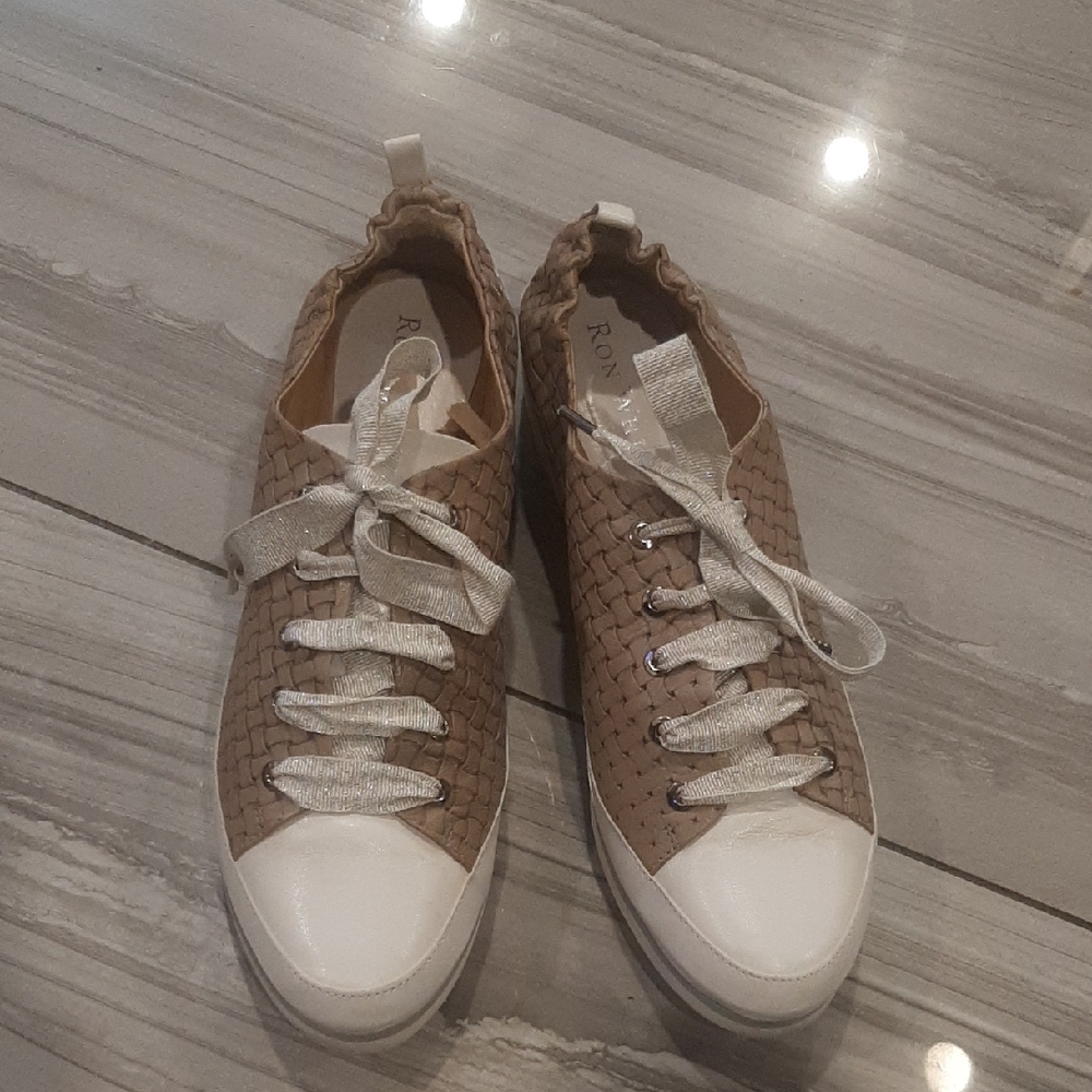 Ron White Tan and White Sneakers with Ribbon Laces